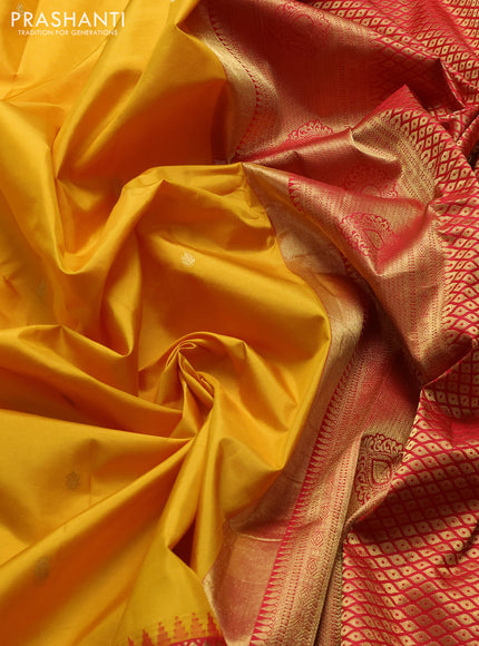 Pure gadwal silk saree yellow and red with zari woven buttas and temple design zari woven border