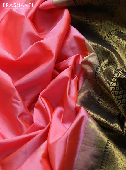 Pure gadwal silk saree peach pink and black with zari woven buttas and temple design zari woven border