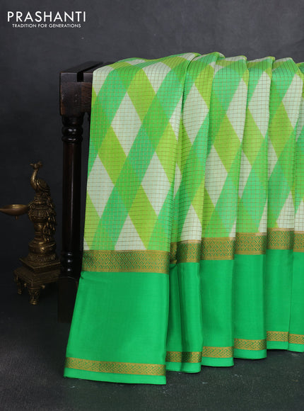 Pure mysore silk saree light green and green with allover zari checked pattern and rettapet zari woven border