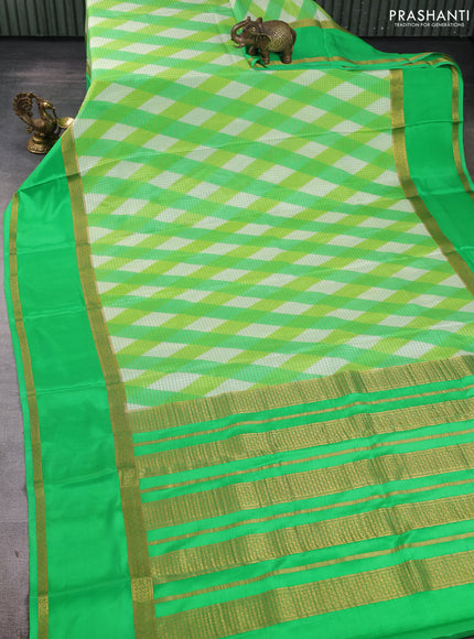 Pure mysore silk saree light green and green with allover zari checked pattern and rettapet zari woven border