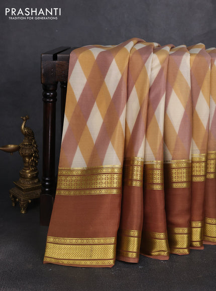 Pure mysore silk saree multi colour and dark sandal with allover geometic prints and rettapet zari woven border