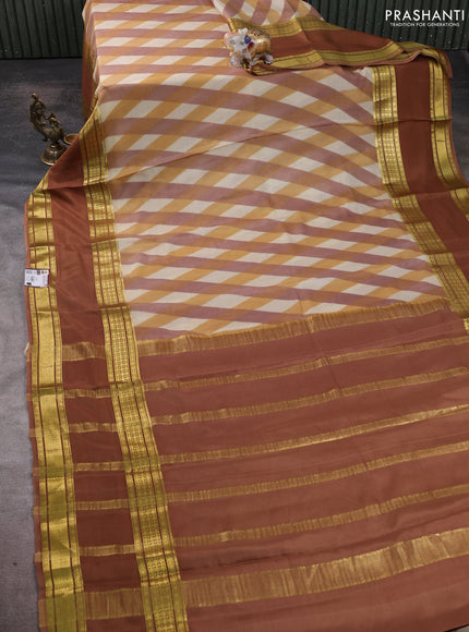 Pure mysore silk saree multi colour and dark sandal with allover geometic prints and rettapet zari woven border