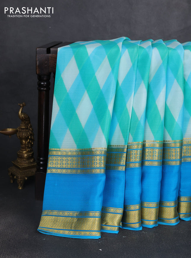 Pure mysore silk saree teal green and cs blue with allover geometic prints and rettapet zari woven border