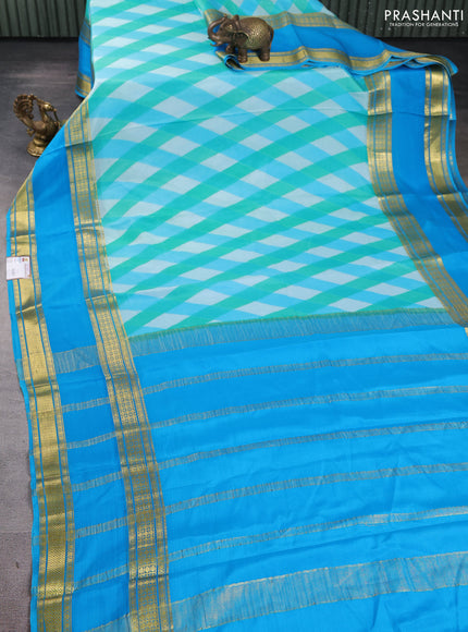 Pure mysore silk saree teal green and cs blue with allover geometic prints and rettapet zari woven border
