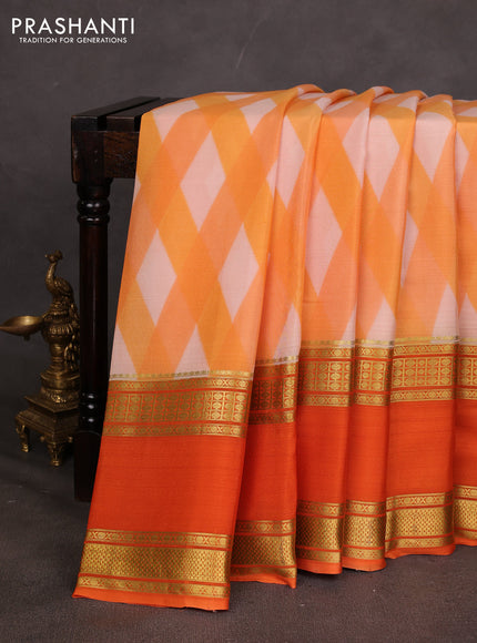 Pure mysore silk saree orange with allover geometic prints and rettapet zari woven border