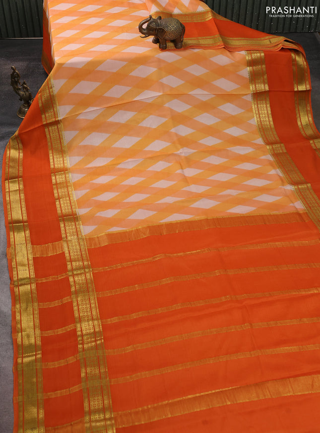 Pure mysore silk saree orange with allover geometic prints and rettapet zari woven border