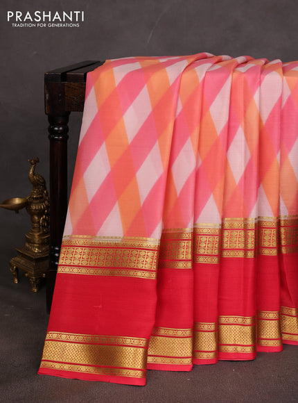 Pure mysore silk saree multi colour and red shade with allover geometic prints and rettapet zari woven border