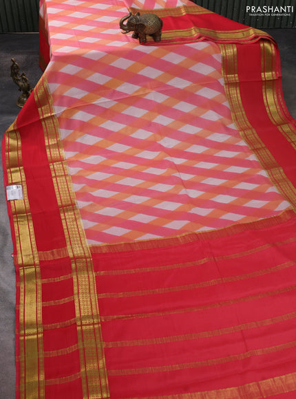 Pure mysore silk saree multi colour and red shade with allover geometic prints and rettapet zari woven border