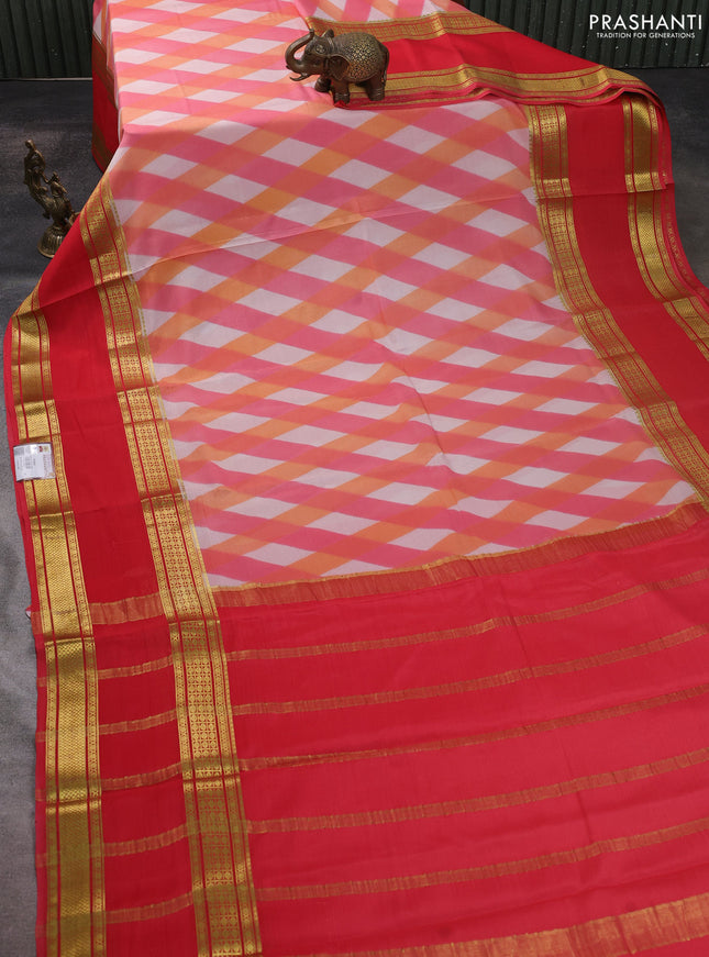 Pure mysore silk saree multi colour and red shade with allover geometic prints and rettapet zari woven border