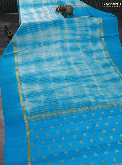 Pure mysore silk saree cs blue with allover zari weaves & shibori prints and zari woven simple border