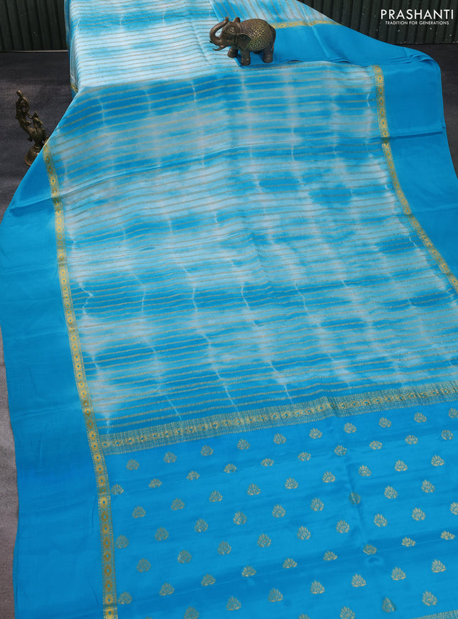 Pure mysore silk saree cs blue with allover zari weaves & shibori prints and zari woven simple border