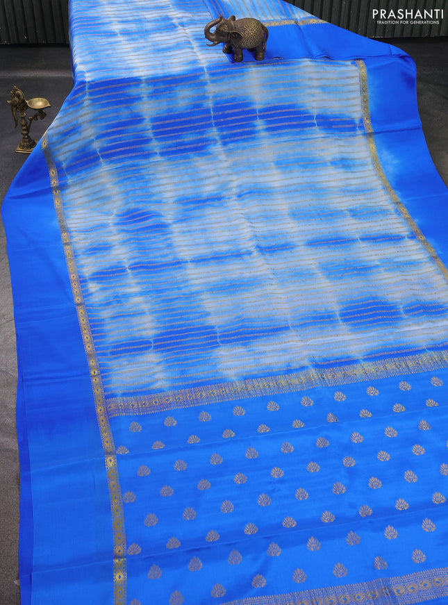 Pure mysore silk saree royal blue with allover zari weaves & shibori prints and zari woven simple border