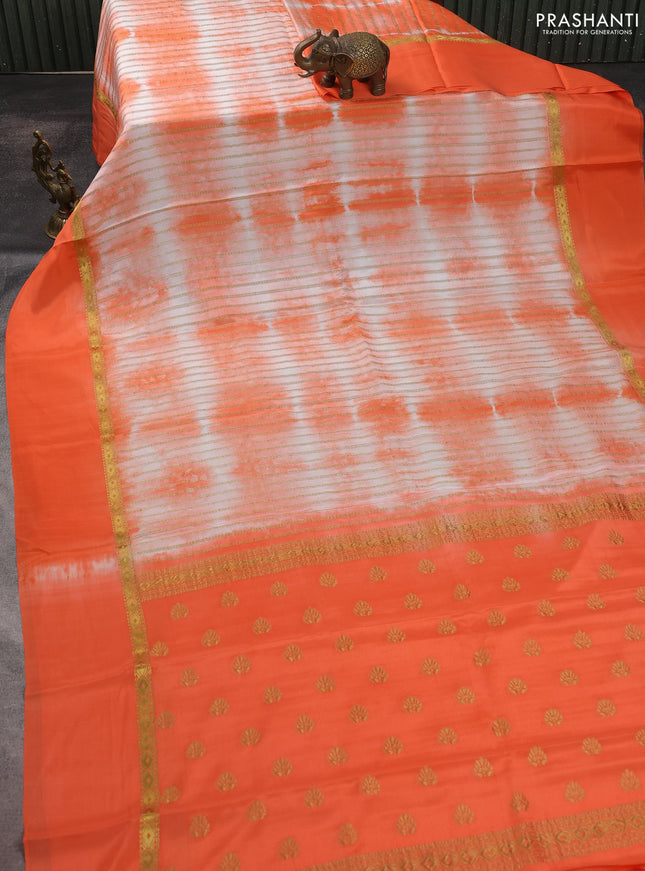 Pure mysore silk saree orange with allover zari weaves & shibori prints and zari woven simple border