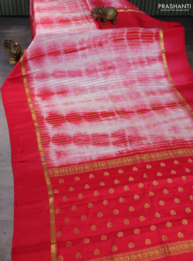 Pure mysore silk saree tomato pink with allover zari weaves & shibori prints and zari woven simple border