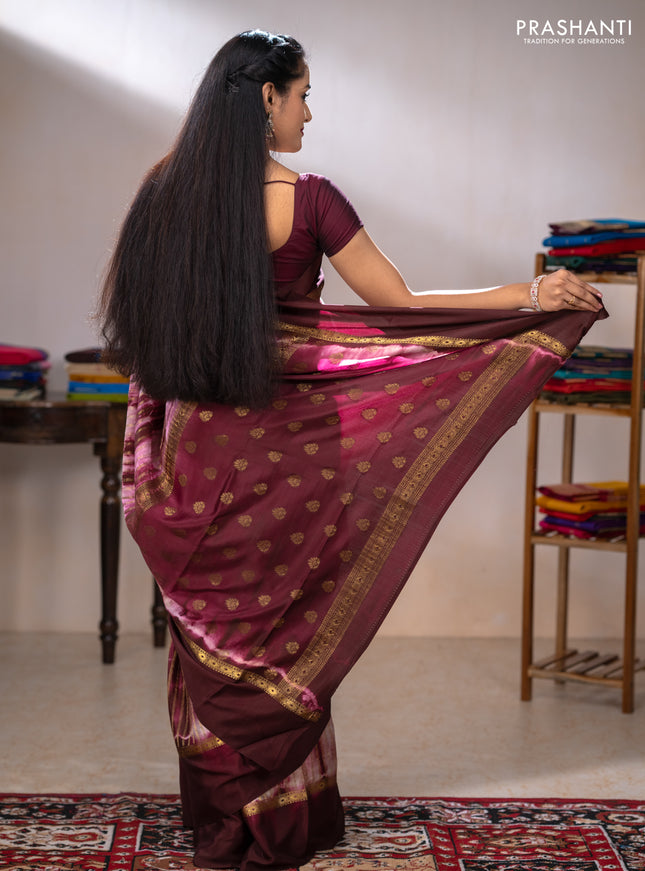 Pure mysore silk saree deep maroon with allover zari weaves & shibori prints and zari woven simple border