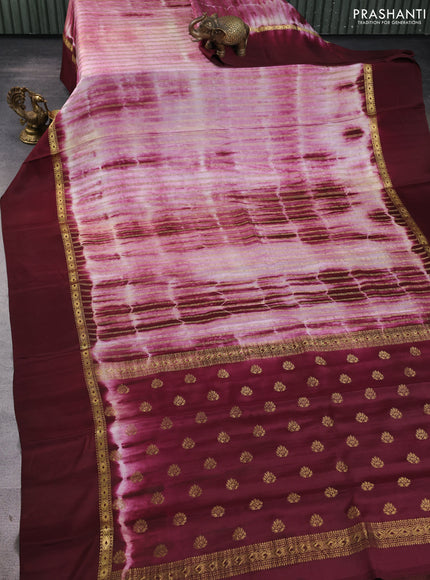 Pure mysore silk saree deep maroon with allover zari weaves & shibori prints and zari woven simple border