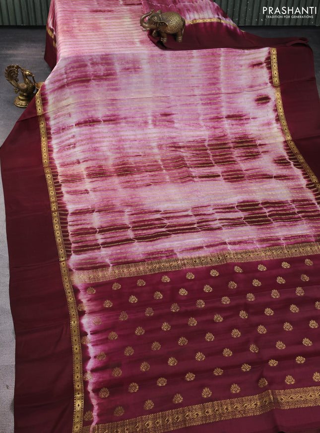 Pure mysore silk saree deep maroon with allover zari weaves & shibori prints and zari woven simple border