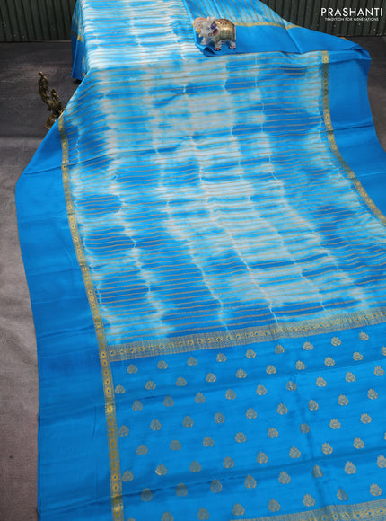 Pure mysore silk saree cs blue with allover zari weaves & shibori prints and zari woven simple border