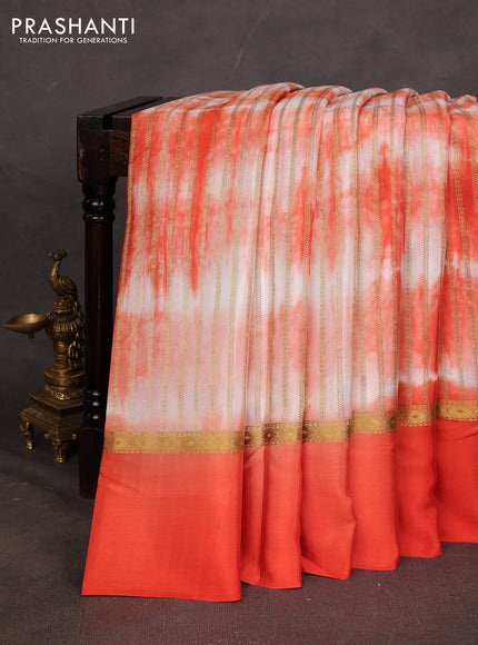 Pure mysore silk saree orange with allover zari weaves & shibori prints and zari woven simple border