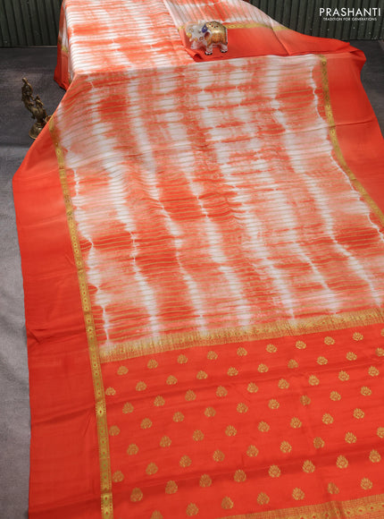 Pure mysore silk saree orange with allover zari weaves & shibori prints and zari woven simple border