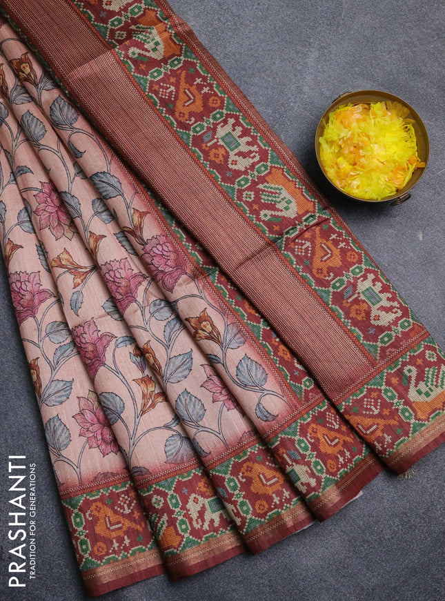 Art tussar saree peach orange and maroon with allover kalamkari prints and patola border