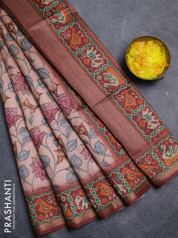 Art tussar saree peach orange and maroon with allover kalamkari prints and patola border