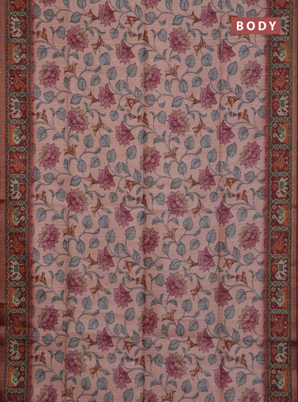 Art tussar saree peach orange and maroon with allover kalamkari prints and patola border