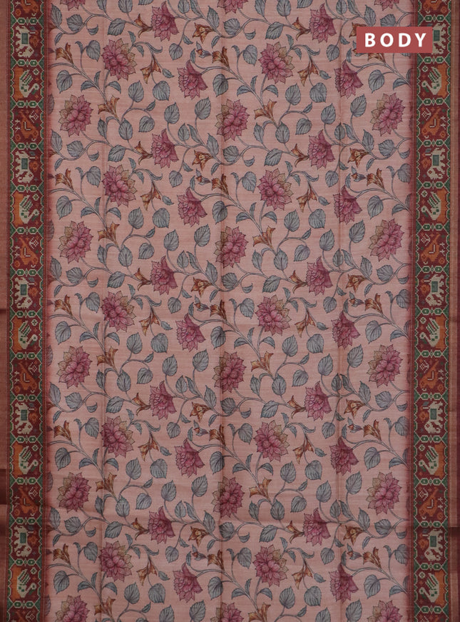 Art tussar saree peach orange and maroon with allover kalamkari prints and patola border