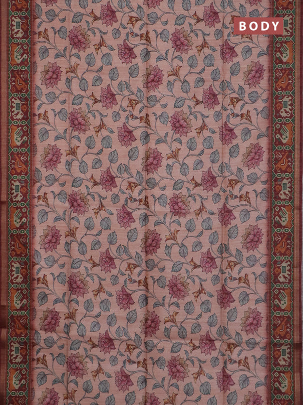 Art tussar saree peach orange and maroon with allover kalamkari prints and patola border