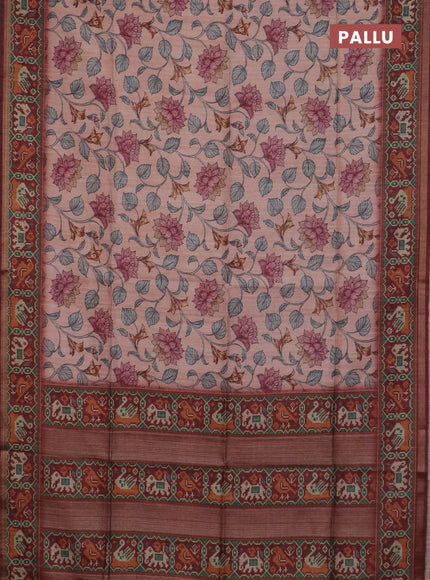 Art tussar saree peach orange and maroon with allover kalamkari prints and patola border