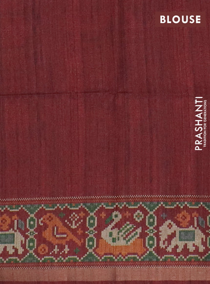 Art tussar saree peach orange and maroon with allover kalamkari prints and patola border