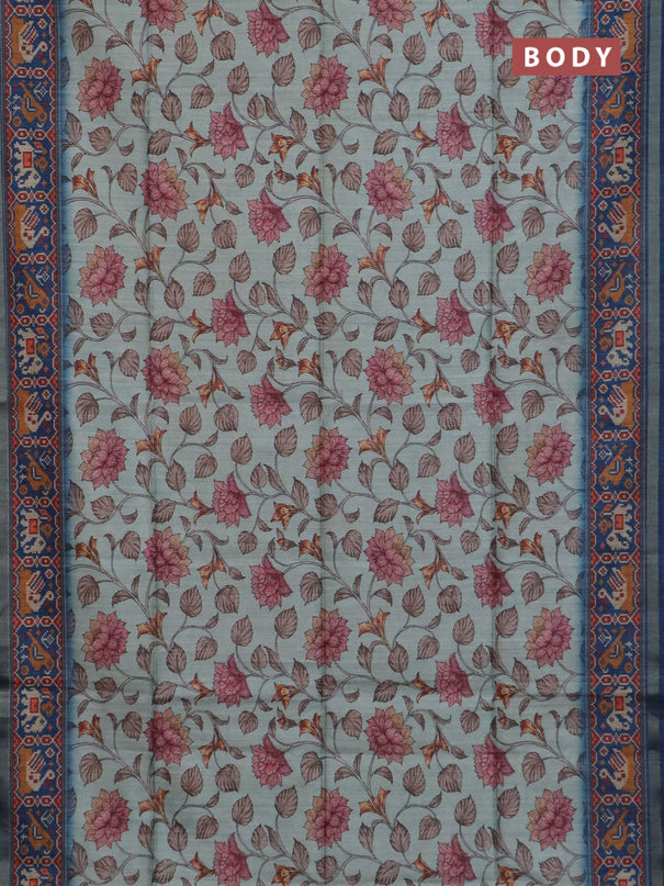 Art tussar saree pastel blue and peacock blue with allover kalamkari prints and patola border