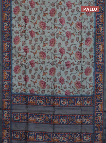 Art tussar saree pastel blue and peacock blue with allover kalamkari prints and patola border