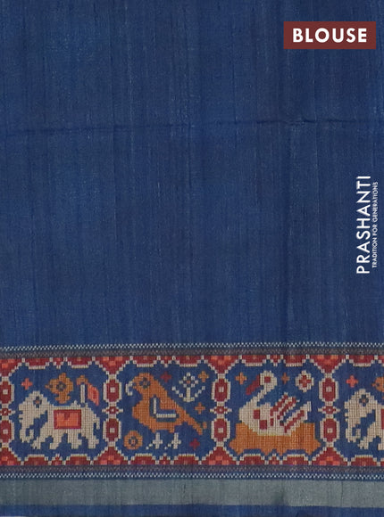 Art tussar saree pastel blue and peacock blue with allover kalamkari prints and patola border
