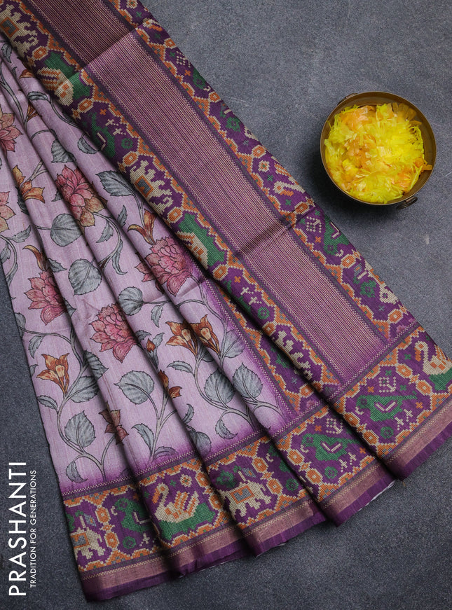 Art tussar saree mauve pink and purple with allover kalamkari prints and patola border