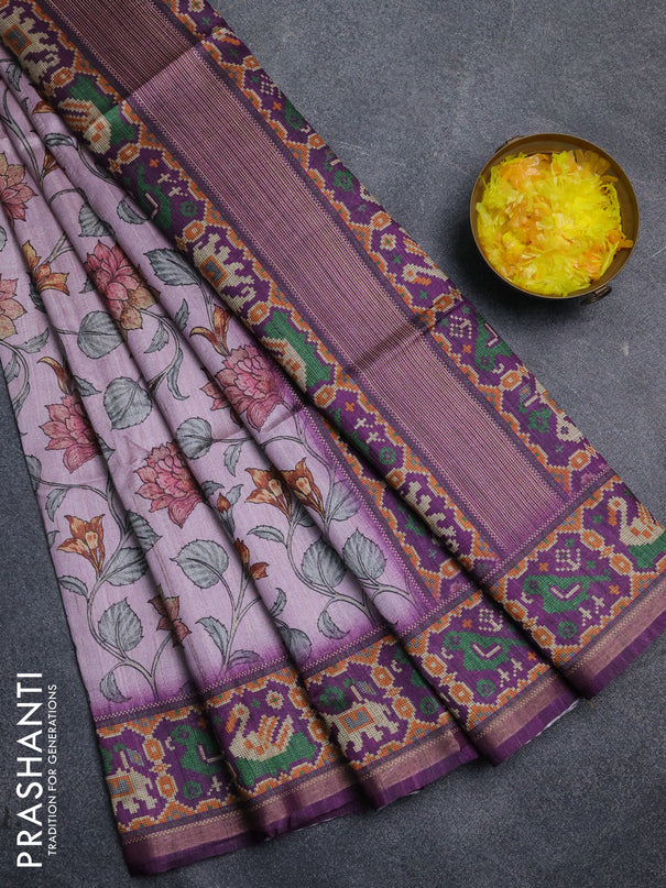 Art tussar saree mauve pink and purple with allover kalamkari prints and patola border