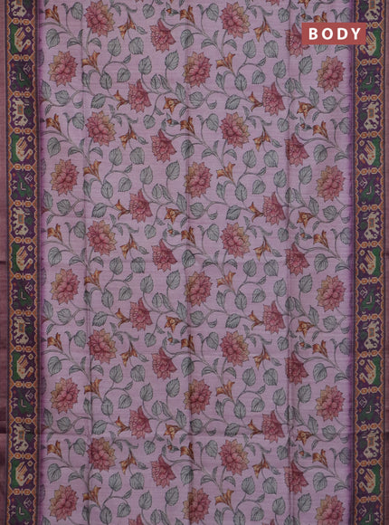 Art tussar saree mauve pink and purple with allover kalamkari prints and patola border