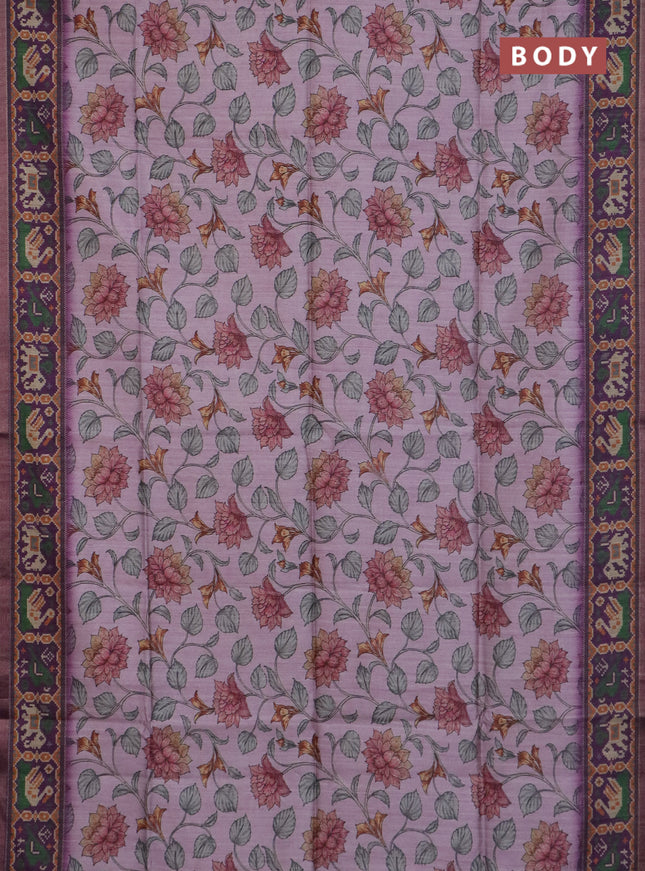 Art tussar saree mauve pink and purple with allover kalamkari prints and patola border