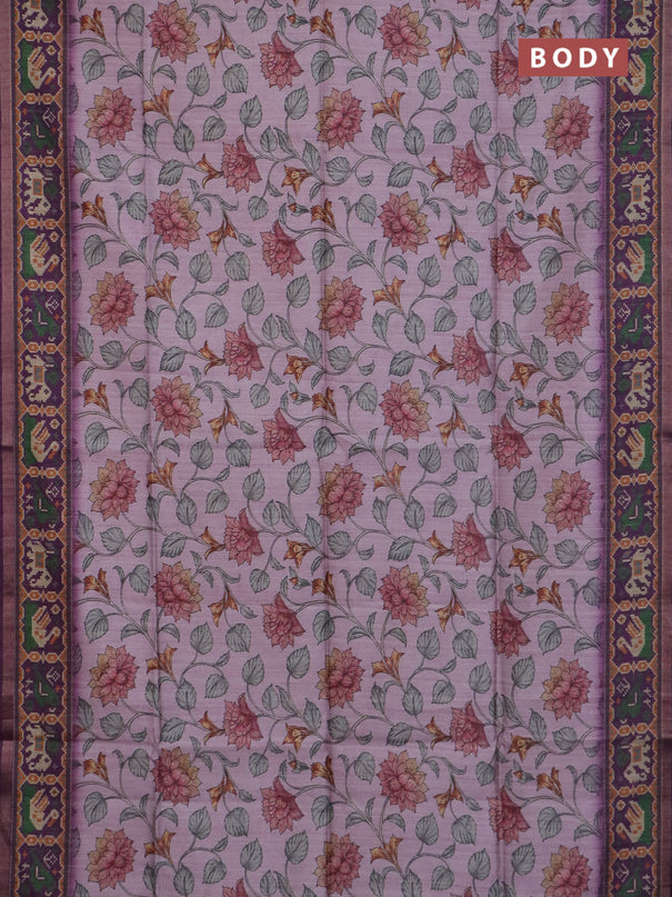 Art tussar saree mauve pink and purple with allover kalamkari prints and patola border