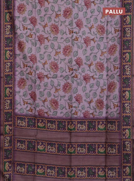 Art tussar saree mauve pink and purple with allover kalamkari prints and patola border