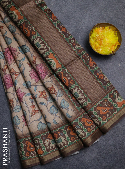 Art tussar saree sandal and coffee brown with allover kalamkari prints and patola border