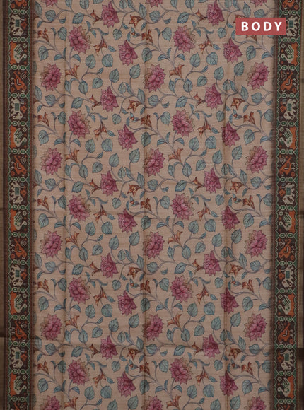 Art tussar saree sandal and coffee brown with allover kalamkari prints and patola border