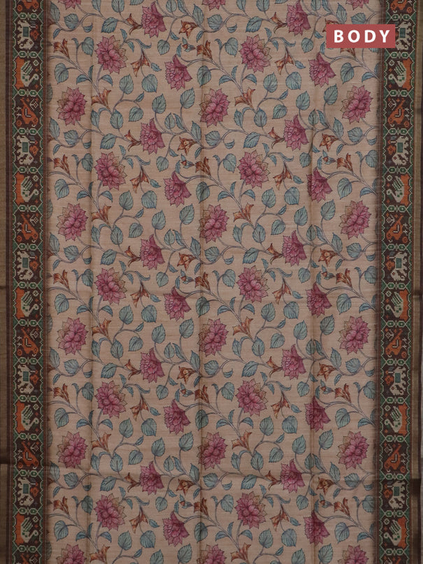 Art tussar saree sandal and coffee brown with allover kalamkari prints and patola border
