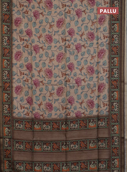 Art tussar saree sandal and coffee brown with allover kalamkari prints and patola border