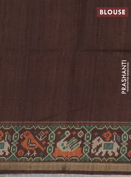 Art tussar saree sandal and coffee brown with allover kalamkari prints and patola border