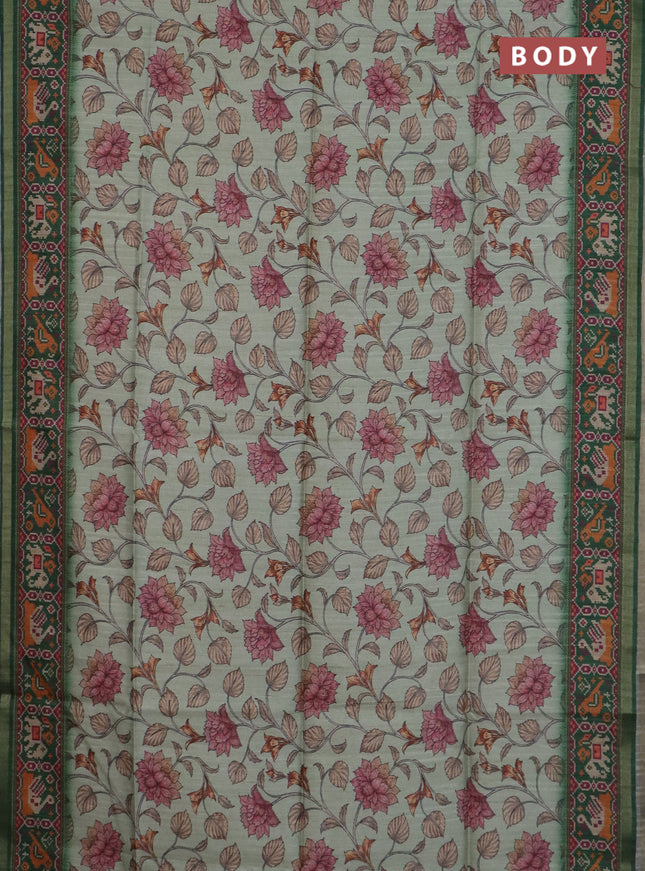 Art tussar saree pastel green and green with allover kalamkari prints and patola border
