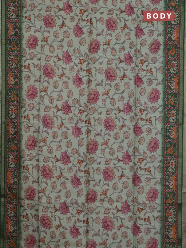 Art tussar saree pastel green and green with allover kalamkari prints and patola border