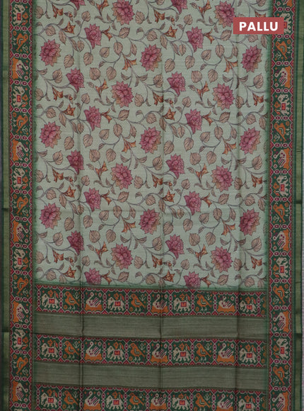 Art tussar saree pastel green and green with allover kalamkari prints and patola border