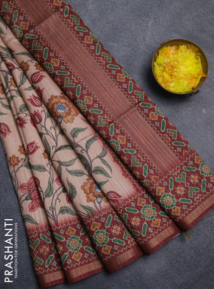 Art tussar saree peach orange and maroon with allover kalamkari prints and patola border