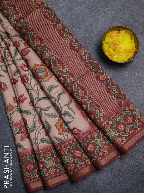 Art tussar saree peach orange and maroon with allover kalamkari prints and patola border